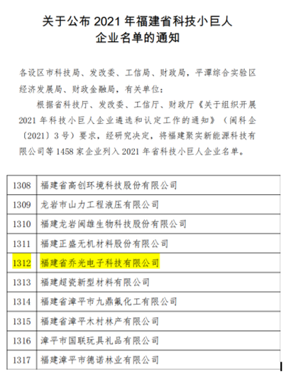 2021年福建省科技小巨人企业名单---福建乔光电子科技有限公司